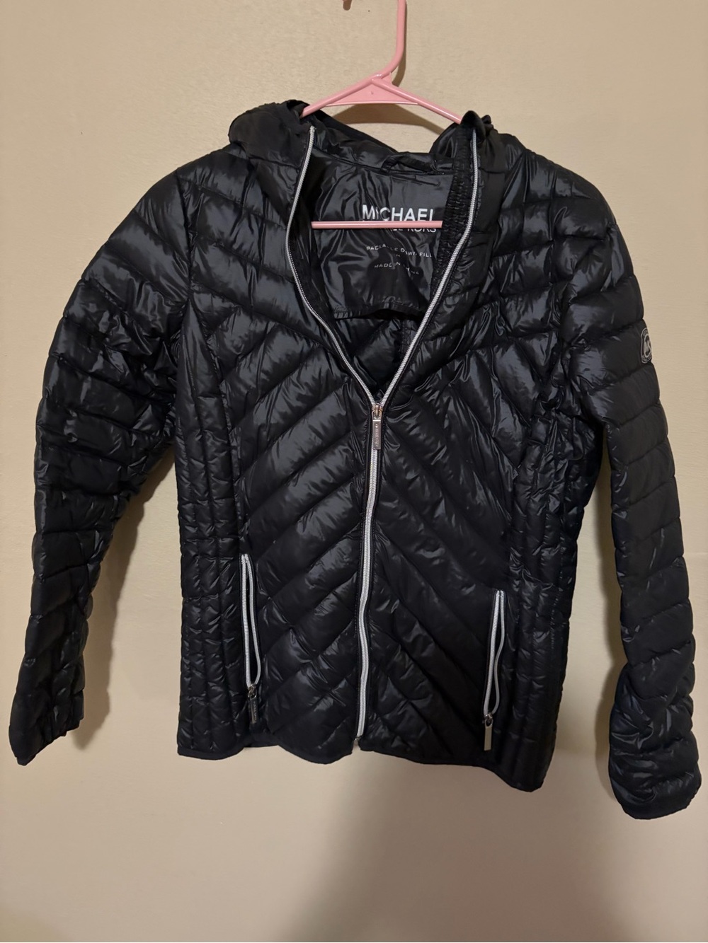 Michael Kors Black Quilted Hooded Puffer Jacket with Contrast Trim